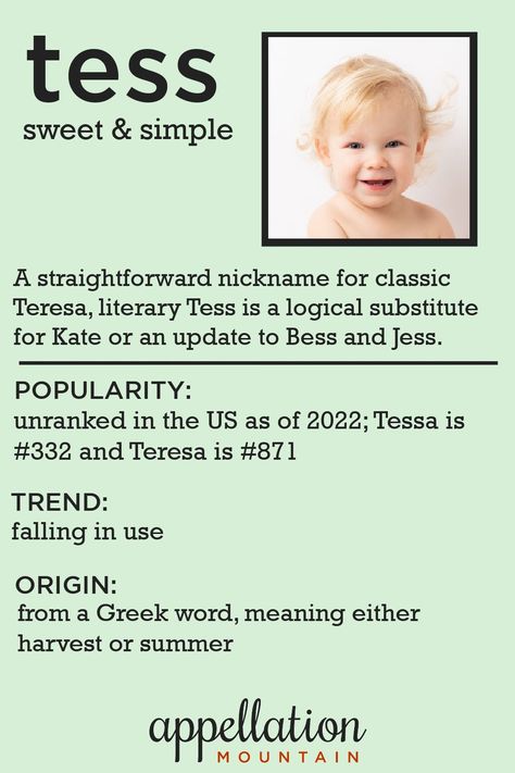 Tess has it all: it's a literary name rich with tradition, combined with a sweet, sparky sound. More updated than Bess, less mom name than Jess, Tess is a surprisingly uncommon choice that feels capable and strong - and yes, stands on its own without a formal name. #girlnames #babynames #namingbaby #appellationmountain Literary Names, Oceans 11, Name Day, Birth Certificate, Baby Name, Girl Names, Girl Scouts, Baby Names