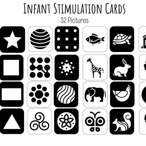 Infant Stimulation 32 Cards Printable Flashcards E9A Baby Journal Book, Newborn Books, Baby Flash Cards, High Contrast Black And White, Printable Flashcards, Newborn Schedule, Montessori Diy, Diy Baby Mobile, Baby Play Activities