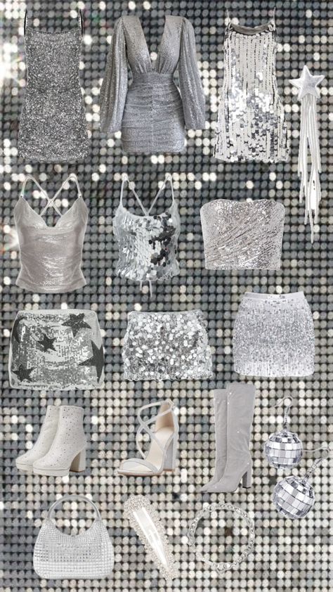 silver outfits #silveroutfit #silver #birthdayfit #mirrorballl #discoballs #discoball #discovibes #discoparty #discobirthday #taylorswiftconcertfitinspo #taylorswiftconcertfit #taylorswifterastouroutfit Disco Aesthetic, Disco Birthday Party, Silver Outfits, Birthday Fits, Birthday Party Outfits, Bachelorette Outfits, Glitter Party, Bridal Shower Dress, Disco Outfit