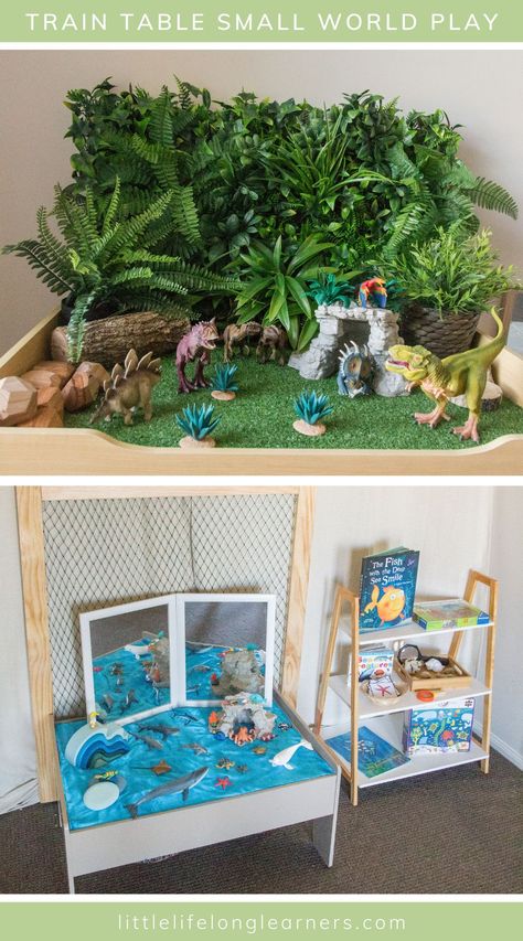 Train Table Makeover Dinosaur, Train Table Small World Play, Dinosaur Train Table, Small World Play Table, Train Table Hacks Ideas, Dinosaur Table Play, Kmart Train Table Hack, Diy Dinosaur Play Table, Dinosaur Small World Play