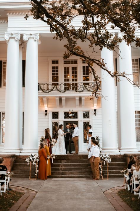 Wedding ceremony on steps. Ceremony in front of colonial home. Wedding Ceremony In Front Of House, Front Porch Wedding Ceremony, Colonial Wedding, Wedding Layouts, Wedding Aesthetics, Colonial Home, Front Steps, Forest View, Barn Ideas