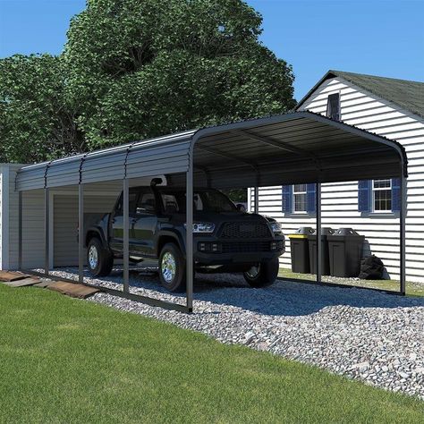 This 12x20 metal carport is a versatile solution for sheltering your car, boat, RV, and outdoor equipment. It can also serve as a shaded area for outdoor activities or storage of your sectional dining set. This carport is a multipurpose addition to your outdoor space. #garage #garageorganization #garagestorage #garagegoals #garageorganizers Metal Carport Kits, Carport Tent, Shelter Building, Garage Extension, Carport Kits, Steel Carports, Carport Canopy, Car Shelter, Grey Patio