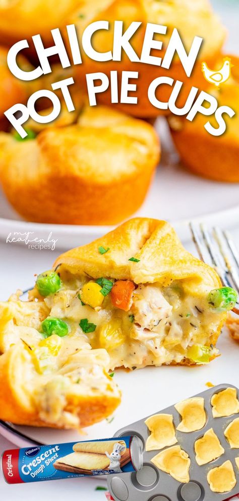 Chicken Pot Pie Cups Recipe- easy individual serving chicken pot pies. Finger food dinner meal idea for winter time. Easy meal for families. Crescent dough meal idea. Muffin tin dinner idea. Turkey pot pie cups too Turkey Pot Pie Muffin Tin, Turkey Pot Pie Crescent Rolls, Pilsbury Cresent Roll Chicken Pot Pie, Individual Turkey Pot Pies, Turkey Pot Pie Recipe Easy Crescent Rolls, Chicken Pot Pie With Biscuits Muffin Tin, Mini Chicken Pot Pie Muffins, Turkey Pot Pie Recipe Easy With Biscuits, Easy Chicken Pot Pie With Crescent Rolls