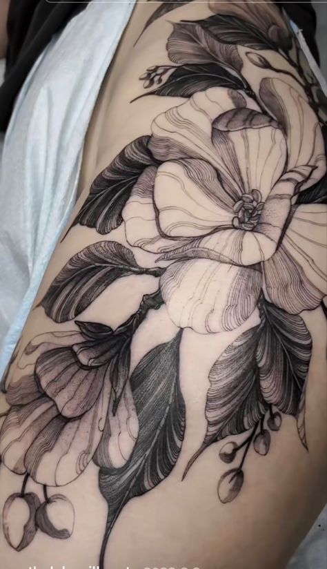 Magnolia Flowers Tattoo, Regency Tattoo, Abstract Flowers Tattoo, Dark Peony Tattoo, Botanical Blackwork Tattoo, Botanical Blackwork, Black And Gray Botanical Tattoo, Botanical Illustration Tattoo, Botanical Desk