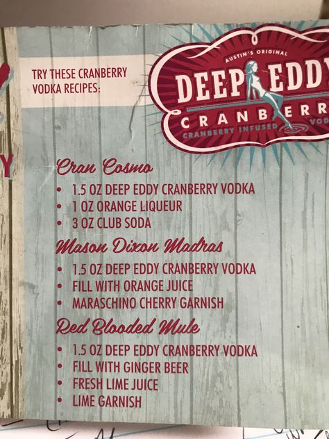 Deep Eddy Cranberry Recipes, Deep Eddies Recipes, Deep Eddys Mixed Drinks, Deep Eddy Cranberry Vodka Recipe, Deep Eddy Vodka Recipes, Cabin Drinks, Cranberry Vodka Recipe, Deep Eddy Vodka, Vodka Cranberry