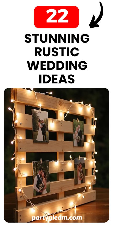 Planning a rustic wedding? Discover these 22 stunning ideas that blend natural materials with charming vintage accents, creating a magical country-chic atmosphere. From whimsical wooden pallet displays to beautiful centerpieces that scream rustic elegance, this list has everything you need to make your special day unforgettable. Embrace the beauty of simple decorations and connect with nature as you bring your dream wedding to life. Let’s transform your celebration into the perfect country getaway! Wedding Decor With Pallets, Backyard October Wedding, Rustic Spring Wedding Decor, Western Wedding Ideas Rustic, Rustic Diy Wedding Decorations, Summer Rustic Wedding Ideas, Red Neck Wedding, Wedding Pallet Ideas, Simple Barn Wedding