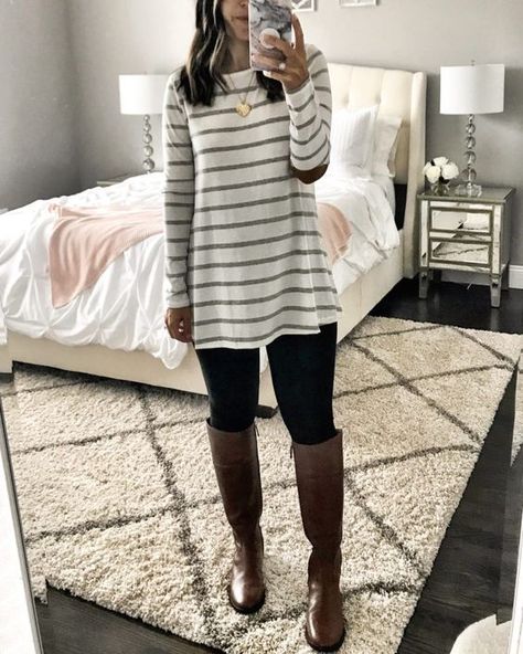 IG: @MrsCasual | Stripe tunic, leggings, & riding boots Vestidos Sport, Black Leggings Outfit, Instagram Outfits, Sweaters And Leggings, Long Boots, Ladies Dress Design, Autumn Fashion Women, Fall Winter Outfits, Leggings Fashion