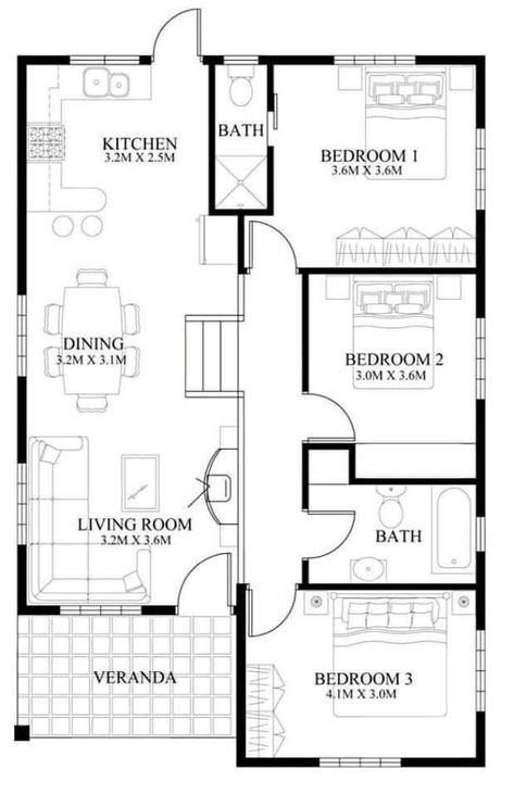 House Layout Ideas, Highlight Patterns, Floor Plan Ideas, 2d Floor Plan, Three Bedroom House Plan, Small House Floor Plans, Simple House Plans, House Layout, Architectural House Plans