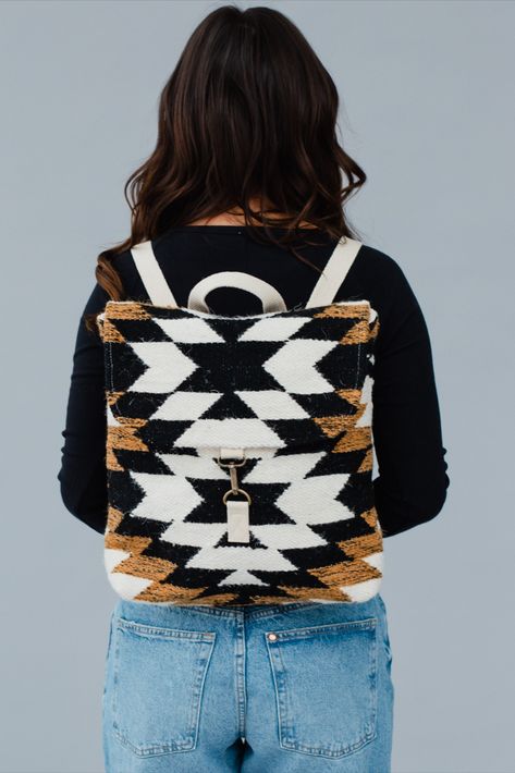 All our neutral lovers - we've got your new favorite backpack! This black, white and brown Aztec inspired backpack is a must have accessory for your casual outings year round. Woven Backpack, White Elephant Game, Summer Backpacking, Western Girl, Sporty Girls, Aztec Print, Single Women, Bottom Clothes, Black Backpack