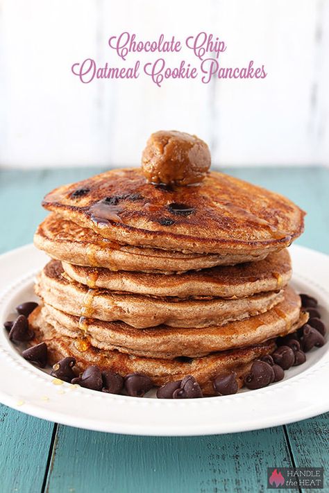 Chocolate Chip Oatmeal Cookie Pancakes - dollop with cookie butter for an outrageous breakfast! No one has to know they're whole wheat! Pancakes Ideas, Oatmeal Cookie Pancakes, Cookie Pancakes, Oatmeal Pancakes Recipe, Chocolate Chip Oatmeal Cookies, Breakfast Oatmeal, Handle The Heat, Oatmeal Pancakes, Breakfast Bites