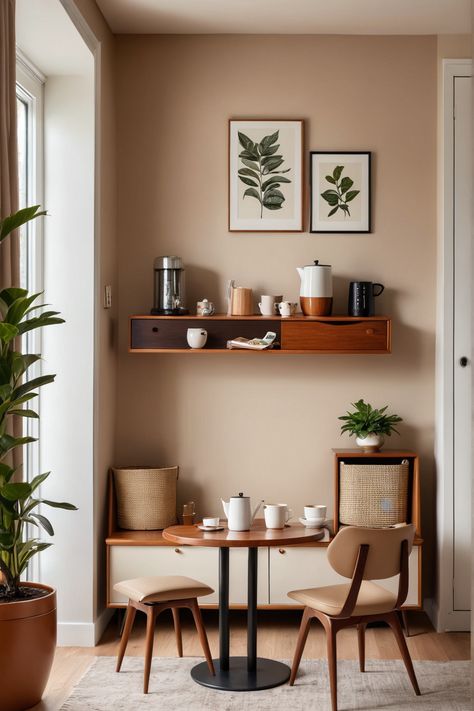 Upgrade your coffee experience with these 10 stylish mid-century modern coffee nook ideas! Discover how to combine cozy elements, like warm wood tones and plants, for the ultimate relaxation spot. Whether you're designing a home café or a serene nook to enjoy your coffee breaks, these inspirations are perfect for infusing vintage charm into your mornings. From sleek furniture to playful decor accents, transform a simple space into a cozy escape. Perfect for coffee lovers and design enthusiasts alike! Dining Room With Coffee Bar, Modern Coffee Nook, Coffee Nook Ideas, Coffee Nooks, Coffee Table Inspiration, Gold Ideas, Designing A Home, Nook Ideas, Retro Artwork