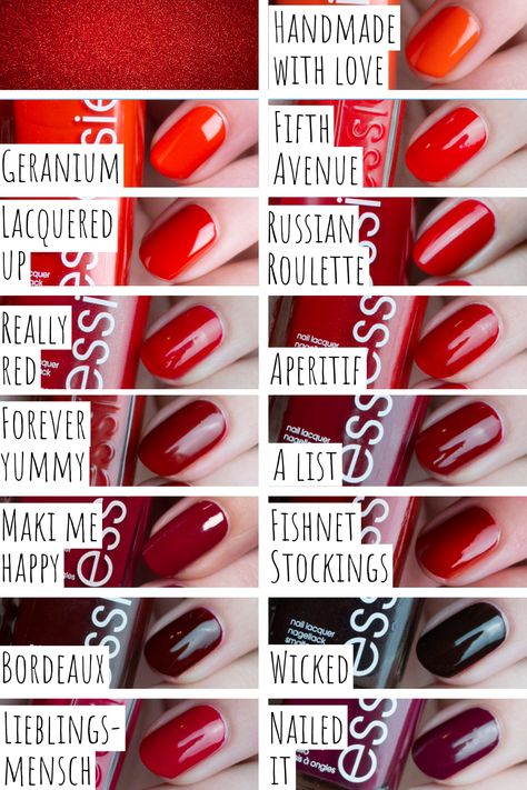 Nails 2024 Essie Dark Red Nail Polish, Essie A List, Essie Gel Couture Swatches, Essie Geranium, Essie Russian Roulette, Essie Forever Yummy, Essie Red Nail Polish, Red Nail Polish Colors, Essie Wicked