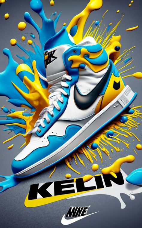 white, black, blue and yellow Nike A ¥@$Ni£L . Blue white yellow paint splashes. Nike typography text kelin” below the shoe, anime, poster, typography, cinematic, 3d render Nike Typography, Tennis Nike, Jordan Logo Wallpaper, Nike A, Futuristic Shoes, Cool Nike Wallpapers, Poster Typography, Shirt Logo Design, Jordan Logo