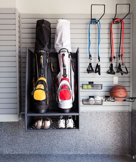 Wall Storage Garage, Backyard Organization, Sports Equipment Organization, Sports Equipment Storage, Garage Storage Inspiration, Sports Storage, Home Gym Garage, Garage Renovation, Basement Gym