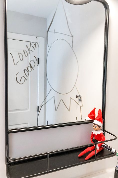 Dry Erase Elf On The Shelf, Elf Writes On Bathroom Mirror, Elf Mirror Drawing, Elf On The Shelf Ideas Mirror, New Elf On The Shelf Ideas Easy, Take An Elfie Mirror, Elf Yourself Bathroom Mirror, Bathroom Elf Ideas, Funny And Easy Elf On The Shelf Ideas