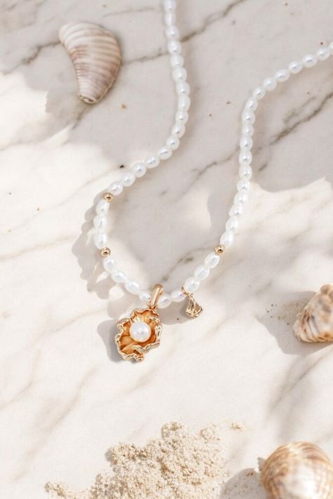 Embrace ocean elegance with the Carlotta Necklace, featuring a delicate pearl chain and a unique seashell pendant. Perfect for seaside charm in any outfit Bday Wishlist, Jewelry Wishlist, Shine Jewelry, Seashell Pendants, Jewelry Board, Casual Wear Dress, Jewelry Boards, Wave Design, Unique Gemstones