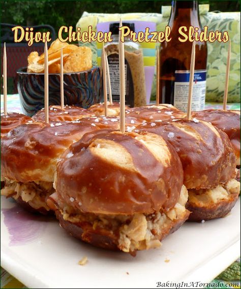 Dijon Chicken Pretzel Sliders by Baking In A Tornado Pretzel Roll Sandwich, Chicken Pretzel, Pretzel Sliders, Pretzel Roll, Pretzel Chicken, Pretzel Sandwich, Sliders Recipes Chicken, Bon Appetite Recipes, Dijon Chicken