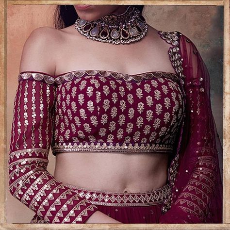 How To Choose The Right Blouse Sleeve Length For Your Bridal Outfits? Tube Blouse Lehenga, Cold Shoulder Blouse Designs, Tube Blouse, Blouse Designs For Saree, Hand Embroidered Blouse, Blouses Designs, Backless Blouse Designs, Lehenga Blouse Designs, Metallic Blouses