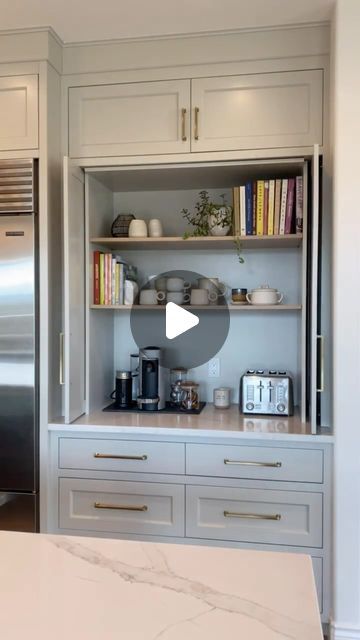 Home Furniture Interior Design on Instagram: "In love with this hidden coffee pantry by @oakhearthhomes Are you? #coffeecorner #homielovin #homieinspo #kitchenmusthaves #kitchenideas #kitchen" Kitchen Design With Coffee Bar, Hiding Coffee Station In Kitchen, Coffee Hidden Cabinet, Kitchen Coffee Cupboard, Hidden Coffee Bar In Kitchen, Coffee Pantry, Corner Coffee Bar, Hidden Cabinet, Coin Café