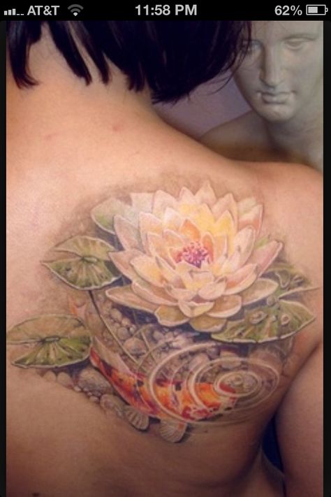 Love the idea of a water ripple :) Lotusblume Tattoo, Tatoo 3d, Water Lily Tattoos, Backpiece Tattoo, Lotus Flower Tattoo Design, Lotus Tattoo Design, Koi Tattoo, Koi Fish Tattoo, Carpe Koi