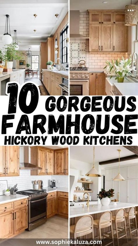 Farmhouse Hickory Kitchen Cabinets and Wood Kitchen are not just pretty; they’re built to last, and they bring a bit of the outdoors inside, making your kitchen feel like a part of nature. So, if you’re all about mixing a little bit of the old with the new to create something special in your kitchen, you’re in the right place. Contained topics include: warm wood kitchen, modern wood kitchen, modern hickory kitchen, natural hickory kitchen cabinets and much more! Kitchen With Hickory Floors, Warm Rustic Kitchen, Kitchen Ideas With Wood Cabinets, Hickory Kitchen Cabinets Farmhouse, Kitchen Modern Wood, Kitchens With Wood Cabinets, Natural Hickory Kitchen Cabinets, Hickory Cabinets Kitchen, Wood Kitchen Modern