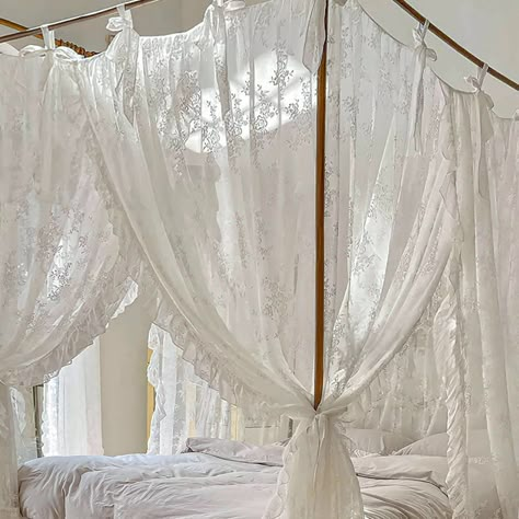 White Bed Drapes, Coquette Bed Canopy, Lace Canopy Bed, Lace Canopy, Lace Bedroom, White Canopy Bed, Bed With Canopy, Curtain Bed, Bed Drapes