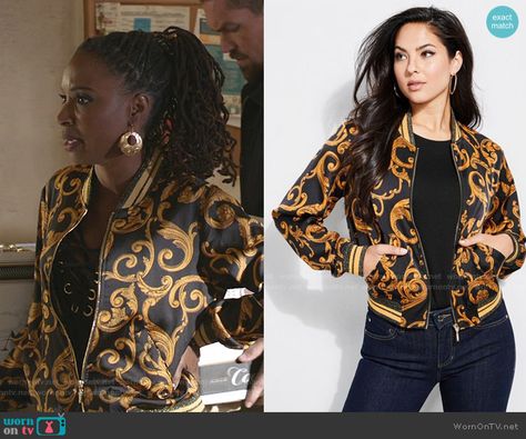 Veronica’s black and yellow printed bomber jacket on Shameless.  Outfit Details: https://wornontv.net/171205/ #Shameless Veronica Fisher, Shanola Hampton, Yellow Print, Other Outfits, Black And Yellow, Outfit Details, Black N Yellow, Bomber Jacket, Fashion Outfits