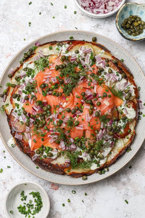 Crispy Potato Galette with Smoked Salmon & Crème Fraîche - Well Seasoned Studio Salmon Recipes With Potatoes, Recipes With Dill, Creme Fraiche Sauce, Potato Galette, Pescetarian Recipes, Crispy Potatoes, Sliced Potatoes, Savory Breakfast, Fresh Dill