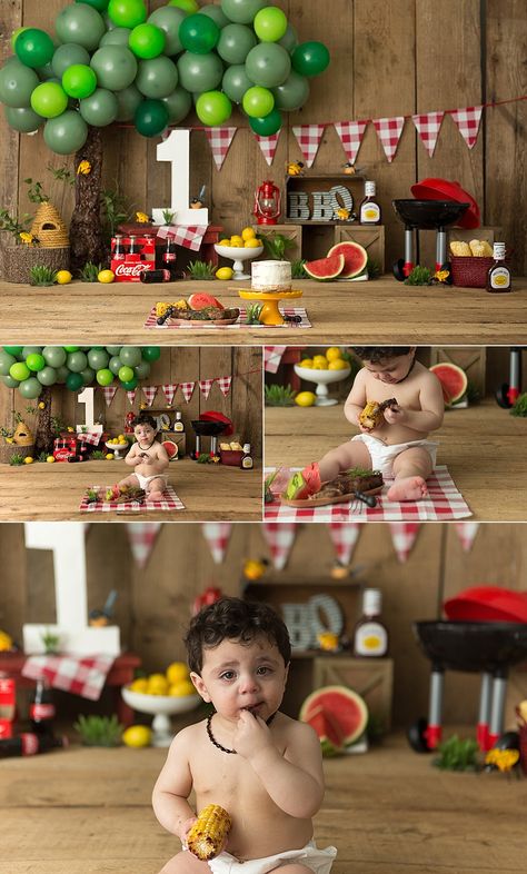 Backyard Bbq Photoshoot, Bbq Cake Smash, Bbq Themed First Birthday Party, Bbq 1st Birthday Boy, 1st Birthday Bbq Theme, Bbq Smash 1st Birthday, Cookout Theme Party, Bbq First Birthday Party, Bbq Balloons