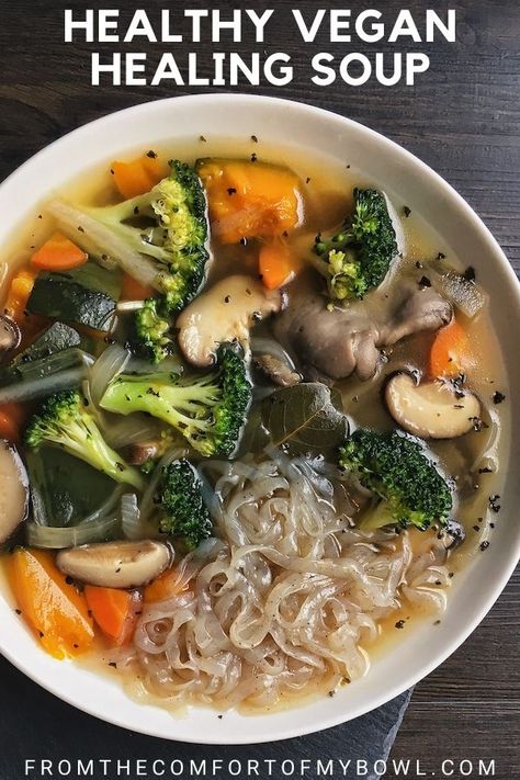 Serve up a bowl of this delicious soup full of wholesome ingredients to help fight colds, flu or warm you up during wintertime. Vegan Healing, Vegan Vegetable Soup, Cozy Recipes, Healing Soup, Ground Beef And Cabbage, Vegetarian Nutrition, Vegan Asian, Vegan Soup Recipes, Vegan Comfort Food