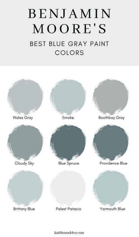 The Best Blue Gray Paint Colors - Kaitlin Madden Exterior House Paint Color Combinations Grey Blue Colour Palettes, Blueish Grey Paint Colors, Blue Spruce Paint Color, Earthy Blue Paint Colors, Gray Blue Bathroom, Blue And Grey Bedroom Ideas, Dusty Blue Paint, Blue And Grey Bedroom, Light Blue Grey Paint