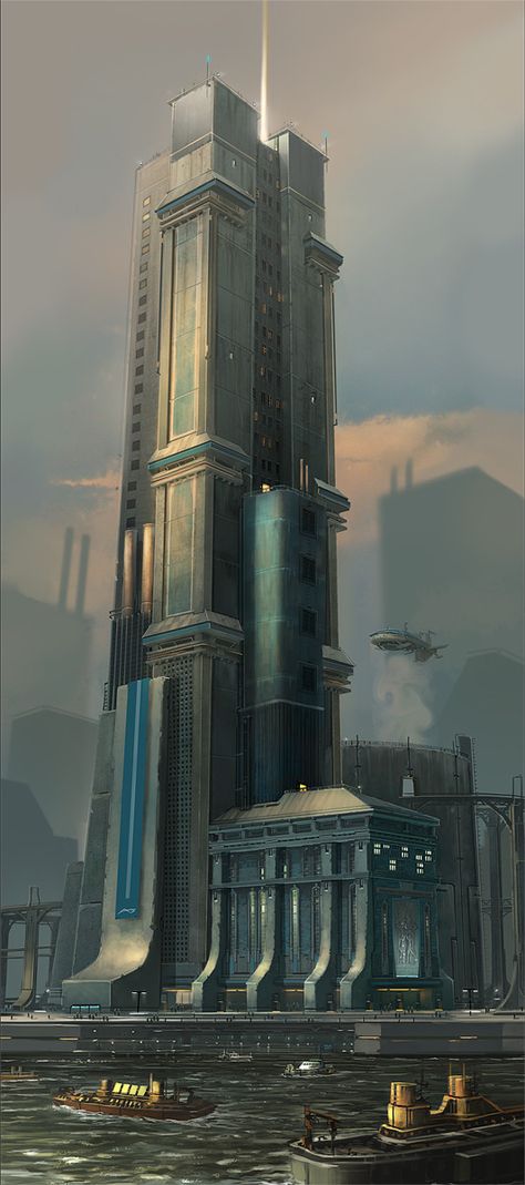 Common Expanse- Amberth- Tower, Christian Piccolo on ArtStation at https://www.artstation.com/artwork/a1A50 Cyberpunk Building, Buildings Artwork, Sci Fi Building, Sci Fi Architecture, Futuristic Building, Sci Fi City, Cyberpunk City, Fantasy City, Post Apocalypse