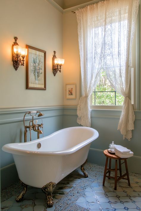 This vintage-style, clawfoot tub creates a serene and luxurious escape in your home. Discover how antique fixtures and lacy curtains can provide modern bathroom ideas for an elegant yet classic design. #BathroomInspo #VintageVibes Cottage Bathroom Clawfoot Tub, Claw Footed Bathtub, Clawfoot Tub Modern Bathroom, Claw Foot Tub Bathroom, Lacy Curtains, Victorian Bathtub, Wonderland Bathroom, Antique Fixtures, Bathroom With Clawfoot Tub