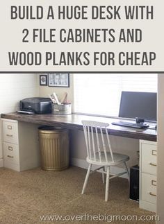 How to Build a Huge Desk with 2 File Cabinets - every single home needs a big desk like this!  Such an awesome tutorial! Organized Craft Space, Diy File Cabinet, Diy Office Desk, Cabinet Desk, File Cabinet Desk, Diy Office, File Cabinets, Office Crafts, Craft Room Office