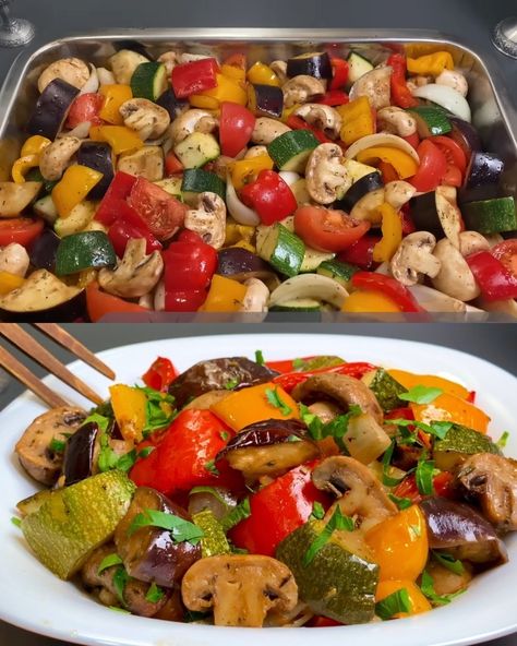 Delicious Roasted Vegetable Medley  May 28, 2024 by Emily  This is a very tasty dish, so be sure to try this recipe. The combination of aubergine, zucchini, paprika, mushrooms, and tomatoes, seasoned with garlic and Provencal herbs, creates a flavorful and aromatic meal. The addition of soy sauce, balsamic vinegar, and a hint of sugar enhances the natural sweetness of the vegetables.    Ingredients:  1 aubergine  1 zucchini  2 paprikas  300 grams mushrooms  2 onions  3 tomatoes  6 cloves garlic  50 ml veget Zucchini Mushroom Onion Recipes, Zucchini Paprika, Roasted Vegetable Medley, Aubergine Recipe, Broccoli And Potatoes, Roast Zucchini, Roasted Vegetable Recipes, Roasted Onions, Vegetable Medley