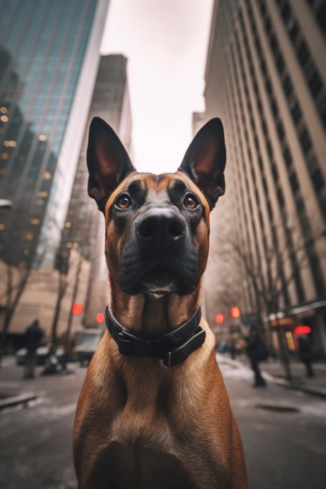 An alert and focused Malinois dog stands against an urban backdrop, showcasing its intelligent eyes and sleek, agile physique. City Dog Photography, Urban Dog Photography, Urban Dog, City Shoot, Dog Frames, Urban Sophistication, City Dog, Man And Dog, Pet Photography