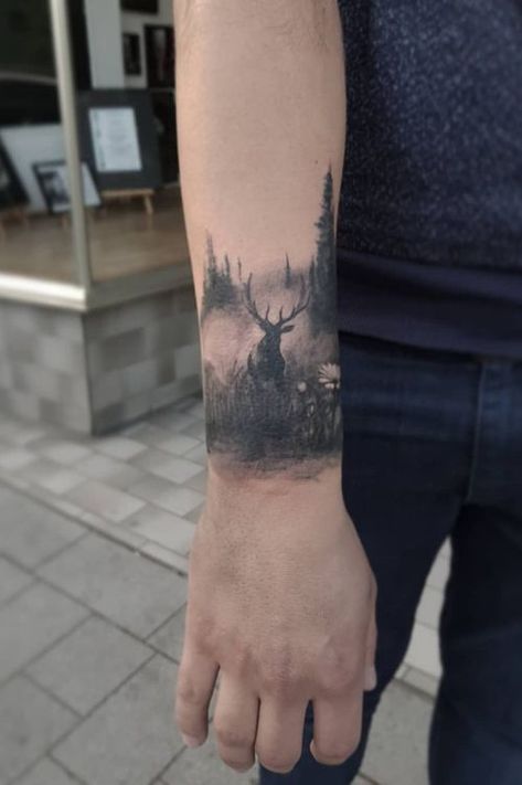 Forearm Tattoos For Guys, Natur Tattoo Arm, Elk Tattoo, Outdoor Tattoo, Scottish Tattoos, Wood Tattoo, Stag Tattoo, Hirsch Tattoo, Hunting Tattoos