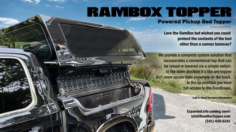 RamBox Topper is a powered pickup truck bed topper. RAM Trucks with the RamBox System permits the truck cap can be raised to access to the RamBox Truck Topper Ideas, Cb Radio Truck, Truck Bed Toppers, Leer Truck Caps, Truck Bed Caps, Truck Shells, Ram Power Wagon, Car Upgrades, Truck Toppers