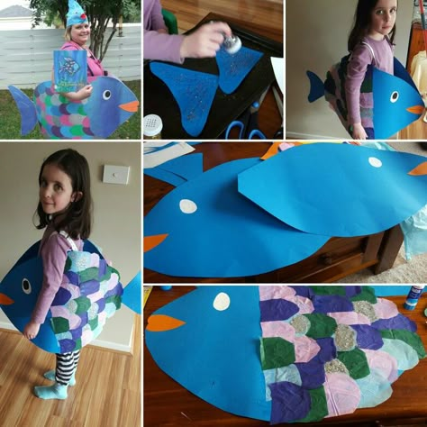 Rainbow fish dress up for book week Fish Fancy Dress, Fish Costume Kids, Diy Fish Costume, Rainbow Fish Costume, Rainbow Fish Book, Kids Book Character Costumes, Animal Costumes For Kids, Fancy Dress Costumes Kids, Cardboard Crafts Kids