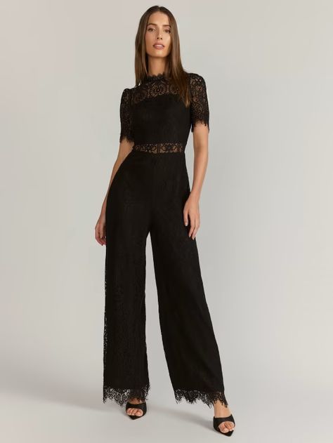 Scallop Lace Sheer Waist Jumpsuit - Lena | New York & Company Lace Undershirt, Glam Heels, Formal Romper, Bridal Jumpsuit, Look Rock, Wedding Jumpsuit, Black Bridal, Jumpsuit Dressy, Lace Jumpsuit