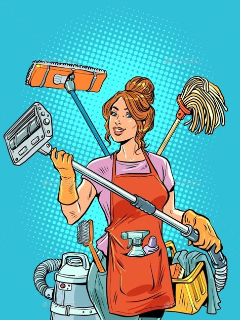 A Beautiful Housewife Girl Organizes Cleaning and Pinup Cleaning Lady, Housework Aesthetic, Cleaning The House Aesthetic, Cleaning Pictures For Business, Girl Cleaning House, Cleaning Lady Pictures, Cleaning Advertising Ideas, Housewife Illustration, Cleaning Illustration