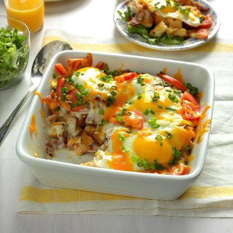 BLT Egg Bake Recipe -BLT's are a favorite at my house, so I created this recipe to combine those flavors in a "dressier" dish. It was such a hit, I served it to my church ladies' group at a brunch I hosted. I received lots of compliments and wrote out the recipe many times that day. —Pricilla Detrick Catoosa, Oklahoma Egg Recipes For Dinner, Best Egg Recipes, Baked Eggs Recipe, Brunch Casserole, Egg Bake, Reuben Sandwich, Egg Casserole Recipes, Best Casseroles, Buffalo Chicken Dip