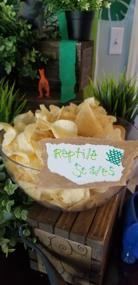 Original chips for dino scales Reptile Birthday Party Food Ideas, Reptile Birthday Party Food, Reptile Party Food, Party Snack Table, Alligator Party, Reptile Scales, Kids Party Snacks, Reptile Party, Birthday Snacks