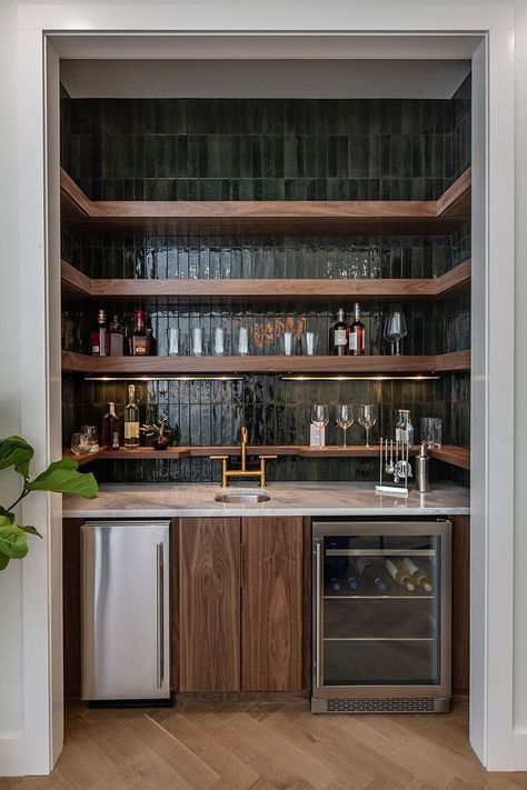 Entertaining Area Indoor, Basement Bar Aesthetic, Wet Bar With Full Size Fridge, Wine Area In Kitchen, Bar Nook, Basement Decoration, Records Wall, Bar Sala, Home Bar Rooms