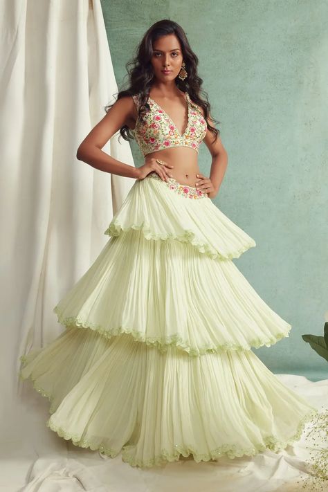 Frilled Lehenga, Layered Lehenga, Green Dupatta, Georgette Skirt, Green Lehenga, Indian Couture, Embroidered Neckline, Designer Gowns, Work Blouse