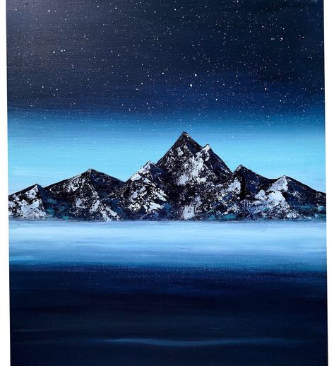 Mountains painting. acrylics on canvas Mountain Background Drawing, Night Mountain Painting, Easy Mountain Painting, Mountain Painting Acrylic, Lights Painting, Monochromatic Painting, Mountains At Night, Northern Lights Painting, Dark Mountains