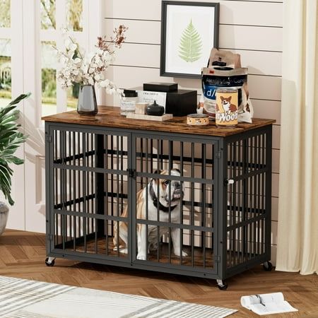 Product Information Product Type furniture style dog crate Color Rustic Brown Material Particle Board, Steel Exterior Measurements 38.4\\\'\\\' W x 27.7\\\'\\\' D x 30\\\'\\\' H Max. Static Load Capacity Top 150 lb Max. Static Load Capacity Bottom 150 lb Best suited for Medium sized dogs up to 70 lbs Assembly Required About 50 min Number of packages 1 Package Contents 1 x Dog crate, 1 x Accessory Kit, 1 x Instruction Color: 580830. Double Dog Crate, Medium Dog Crate, Dog Crate End Table, Furniture Style Dog Crate, Crate End Tables, Heavy Duty Dog Crate, Dog Kennel Furniture, Dog Crate Furniture, Modern Style Furniture