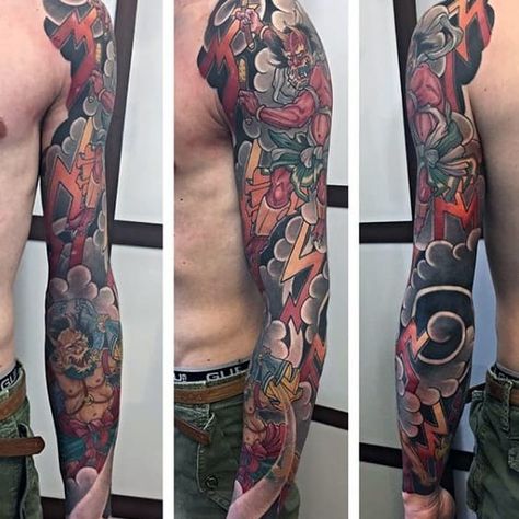 60 Raijin Tattoo Designs For Men - Japanese Mythology Ink Ideas Raijin Fujin Tattoo, Raijin Fujin, Raijin Tattoo, Lighting Thunder, Lighting Tattoo, Herren Hand Tattoos, Storm Tattoo, Japanese Art Styles, Manga Tattoo