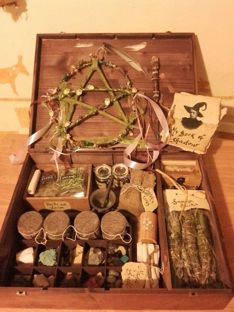 Altar In The Woods, Handmade Book Of Shadows, Altar In A Box Ideas, Spell Box Witchcraft, Hidden Witch Altar, Hidden Altar Ideas, Witch Set Up, Hidden Altar, Magic Box Ideas