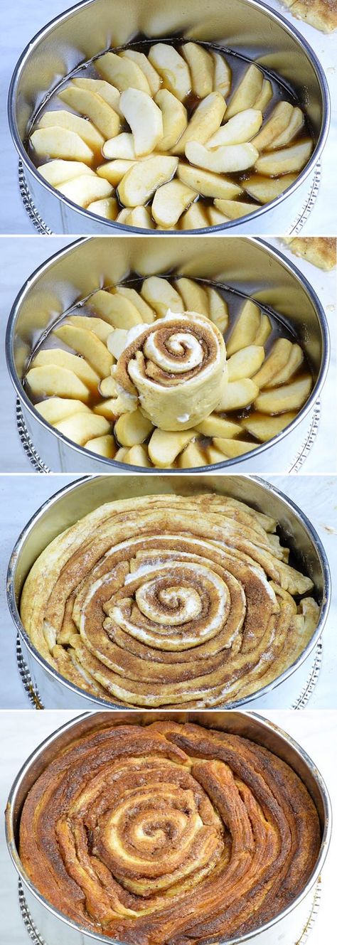 Four steps of preparation Upside Down Apple Cinnamon Roll Cake . Apple Cinnamon Roll Cake, Cinnamon Roll Cake, Ooey Gooey, Roll Cake, Homemade Caramel, Fresh Apples, Apple Cinnamon, Fall Baking, Food Cakes